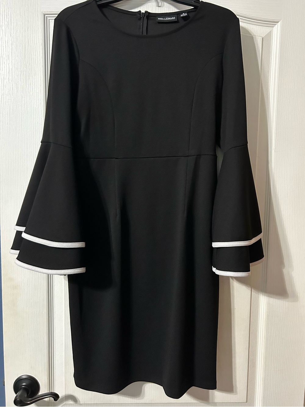 Nina Leonard Black Dress with White-Trim Bell Sleeves